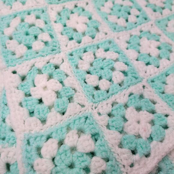 Vintage Mint and White Crochet Baby Blanket or Shawl, 28x52" - Picture 2 of 9